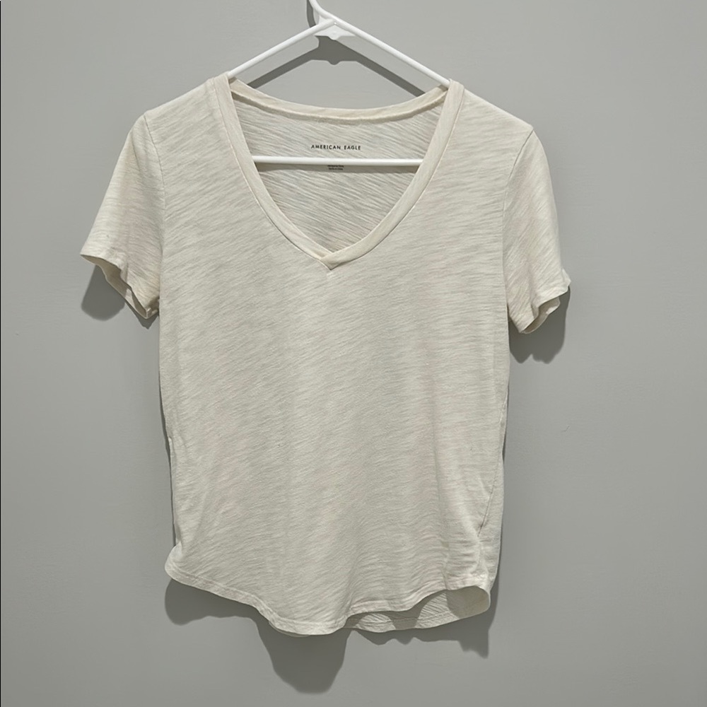 American Eagle Outfitters Cream Sheer V-Neck T-Shirt